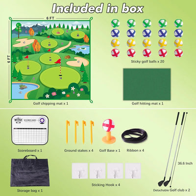 20 Balls Golf Chipping Game Mat with Club Practice Stick Chip Golf Set Indoor Outdoor for Kids Adult Golf Hitting Mat Game